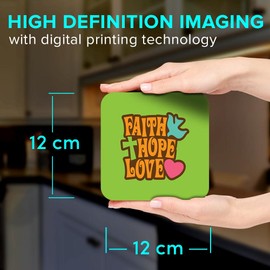 1 x Square Jumbo Size Coaster 12cm Faith Hope Love Religious Christian Cross Cork Backed MDF Glossy Tea Coffee Accessory #57594