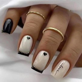 MUZOXEN French Tip Press on Nails Square Short White Fake Nails Acrylic Full Cover False Nails with Romantic Heart Designs Stick Glue on Nails for Women - 24PCS