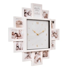 American Art Decor Picture Frame Collage Clock - 12 Photo Display Slots - Wall Mounted Modern Wall Decor - Wall Clock for Living Room, Bedroom, Kitchen, Office (White, 20"x 20")