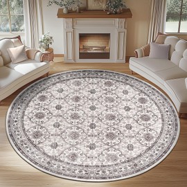 jinchan Round Rug 8ft Washable Circle Soft Rug - Low Pile Vintage 8'Round Indoor Beige Floral Print Stain Resistant Boho Carpet Ultra-Thin Non-Slip for Living Room Bedroom Dining Room Kitchen