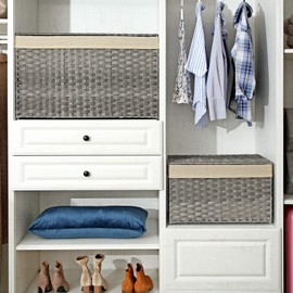 SONGMICS Storage Basket with Lid, 42.3 Gallon (160L) Storage Bin, Woven Blanket Storage Basket with Handles, Foldable, Removable Liner, Metal Frame, for Bedroom, Laundry Room, Gray URST76WG