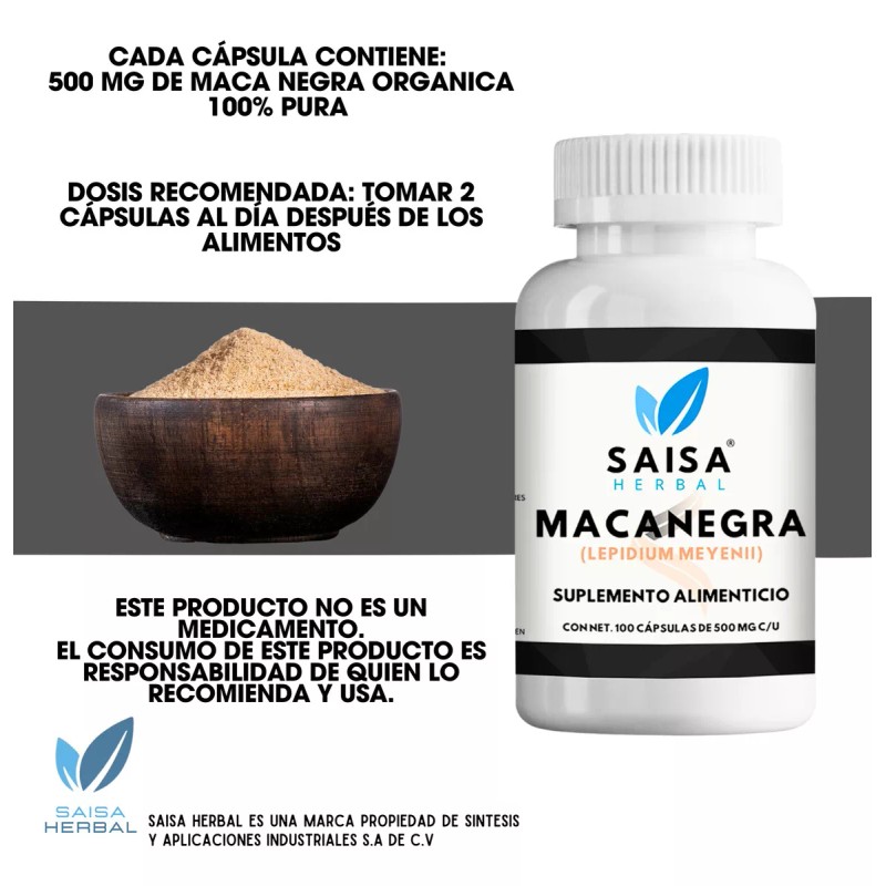 Saisa Herbal Maca Negra Orgánica 100% Pura Con 100 Cápsulas