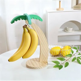 Wooden Banana Holder Stand with Hook & Palm Leaf Accent - Decorative Kitchen Fruit Countertop Organizer