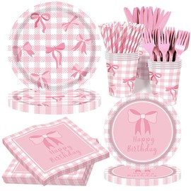 168Pcs Pink Bow Birthday Decorations Party Supplies Include Pink Bow Birthday Plates Napkins Cups Cutlery Straws Pink Bow Theme Tableware Birthday Party Supplies for Girls, Serves 24