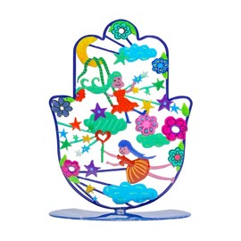 EMANUEL Yair Small Standing Hamsa Hand Amulet 4 inch | Colorful Good Luck Charm | Hamsah Stand Home Blessing | Judaica Art Gift (Fairies SHG-14)