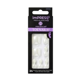 KISS imPRESS No Glue Pedi Press-On Toenails, White Nails with Pearl, Squoval Shape, Includes 24 Nails, Prep Pad, 1 Manicure Stick, 1 Mini File