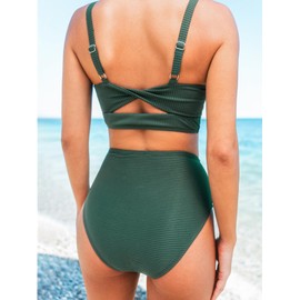 CUPSHE Women's Bikini Sets Two Piece Bathing Suit High Waisted Square Neck Adjustable Straps Ruched Teal Green S