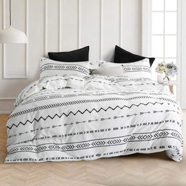 JUCFHY Duvet Cover Queen,600 Thread Count Cotton 3pcs Queen Duvet Cover Set Black Stripe Geometric Printed on White,Reversible with Zipper Closure 1 Duvet Cover and 2 Pillow Shams(Queen,Chelsea)