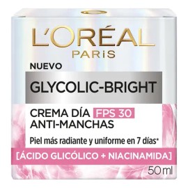 L'Oréal Paris Glycolic Bright Crema Hidratante de Día Anti Manchas con Protección Solar FPS30, con Ácido Glicólico y Niacinamida, Reduce y Previene Todo Tipo de Manchas, 50 ml.