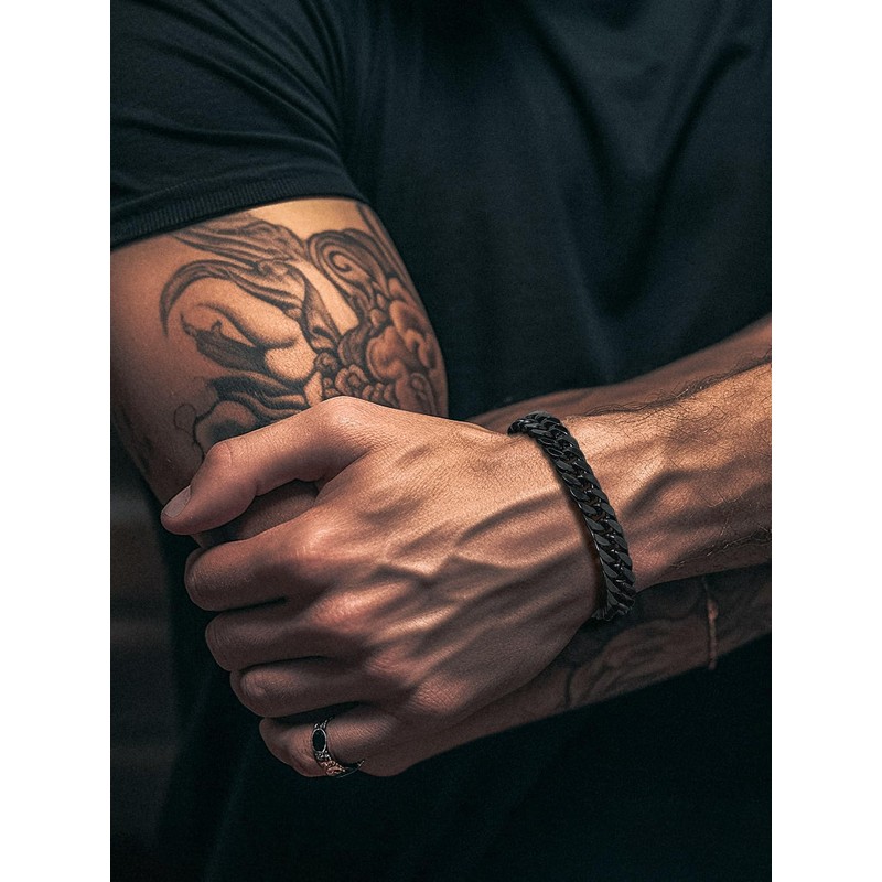 Richsteel 8.2 Inch Black Plated Stainless Steel Curb Chain Bracelet