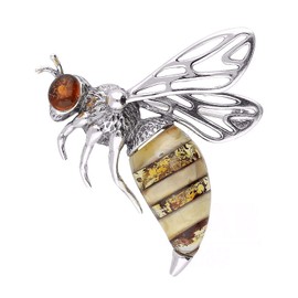 Bee Oxidised Sterling Silver Brooch Pin/Clip with Abdomen of Cognac Orange & Milky Cream Amber in Vintage Style for Women Teenager Girls - 925 Sterling Silver
