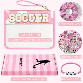 Soccer Gift Set for Girls, Soccer Game Day Essentials, Pink Makeup Bag with Gift Box, 50 Soccer Stickers, Scrunchies & Bracelet, Cute Soccer Accessories for Soccer Fans Teen Girls