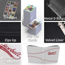 Rayvol Baseball Card Binder for Trading Cards, 9 Pocket Card Binder Fit 720 Cards Includes 40 Pages, 3 D-Ring Album for TCG Collection Storage