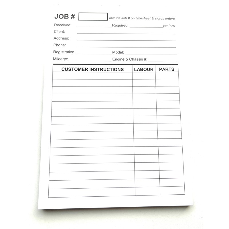 Repair Job Cards x100 - Garage Workshop Job Costing Sheets