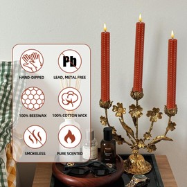 KONNI Brown Beeswax Taper Candles, 0.87 inch x 7.87 inch Hand-Rolled, Unscented, Smokeless Beeswax, Long Burning Time, Flat Top (Pack of 3), for Weddings, Dinner Parties, Spas, and Home Decor