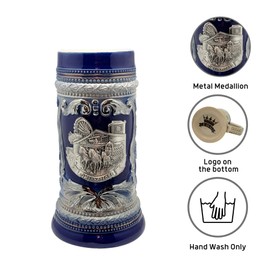 1 Liter Cobalt Blue Oktoberfest Beer Mug with Engraved Festival Metal Medallion of German Wagon & Draft Horses