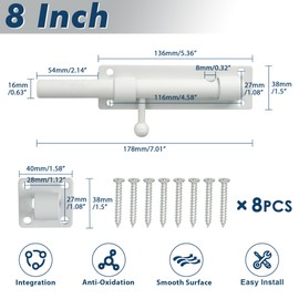 Alise 8 inch Barrel Bolt Latch,Slide Bolt Latch,Heavy Duty Solid SUS304 Stainless Steel Slide Lock for Wooden Fence,Barn Door,Interior or Outdoor Door White