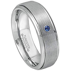 Jewelry Avalanche 0.07ct Blue Sapphire Tungsten Ring - 7MM Comfort Fit Brushed Finish Stepped Edge Tungsten Carbide Wedding Band -8