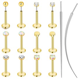 ONESING 12Pcs 18G Flat Back Nose Studs 14K Gold Threadless Flat Back Earrings Hypoallergenic Stainless Steel Nose Rings Studs Cartilage Earrings Tragus Helix Labret Lip Conch Push in Stud Earring for Women Men