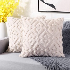 OTOSTAR Cushion Covers 40x40cm Nordic Set of 2 Short Wool Velvet Stylish Cute Soft Pattern Diamond Modern Zipper Decorative Cushion Cover for Sofa Cushion Case Cover Decorative Pillowcase (Beige,