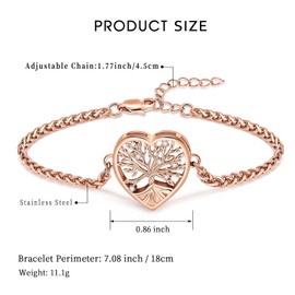 shajwo Cremation Jewelry Tree of Life Heart Urn Bracelet for Human Ashes for Women Men Adjustable Memorial Keepsake Link Bracelet,Rose Gold