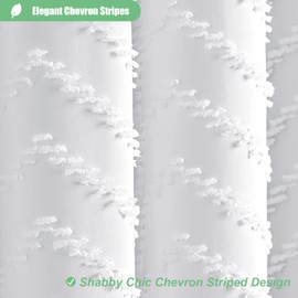 Dynamene Boho Farmhouse Shower Curtain, White Fabric Tufted Chevron Striped Textured Tassel Shower Curtains for Bathroom, Water Repellent, Minimalist Ruffled Cloth Shower Curtain Set with Hook, 72x70