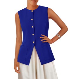 PRETTYGARDEN Women's Sleeveless Blazer Vest Summer 2025 Trendy Button Down Business Suit Vest Tops Outerwear Waistcoat(Blue,Small)
