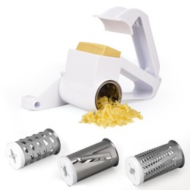 BELLE VOUS Cheese Grater with Crank - Food Grater and 3 Stainless Steel Drums - Versatile Vegetable Grater with Handle - Potato Grater for Raw Potatoes - Apple Grater - Nut Mill