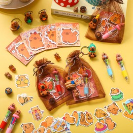 Nosiny 106 Pcs Capybara Party Favors Birthday Decorations Include Capybara 4 in 1 Ballpoint Pens Keychain Sticky Note Resin Figurines Stickers Organza Bags for Goodies Bags Stuff Classroom Rewards