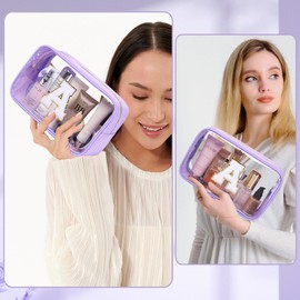 LOFOWN Initial Clear Makeup Bag Small Cosmetic Bag Travel Toiletry Bag Clear Zipper Pouch Purse Organizer Bags for Women (Purple-M, E)