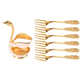 6Pcs Coffee Dessert Fork Set Metal Swan Base Holder Dessert Fork Organizer with 6pcs Forks for Coffee Fruit Dessert