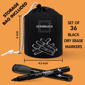Scribbledo Set of 36 Dry Erase Markers Black Fine Tip Whiteboard Markers with Eraser Cap Thin Low Odor Skinny White Board Black Marker for Kids Adults Students Teachers Home School & Office