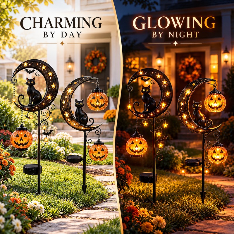 Solar Halloween Garden Stake Light, Black Cat Pumpkin Moon Outdoor