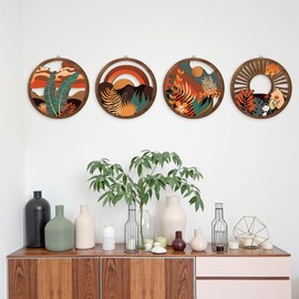 TOARTi 4PCS Boho Wall Art Decor,Wooden Bohemian Wall Art for Living Room,Minimalist Wood Sign Hanging Botanical Geometric Artwork Abstract Plants Desert Sun for Farmhouse Bedroom Office,11x11inch