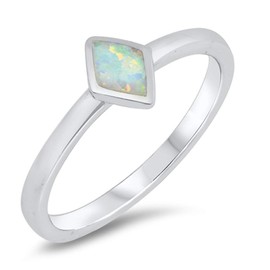 White Simulated Opal Diamond-Shape Simple Ring .925 Sterling Silver Band Size 10