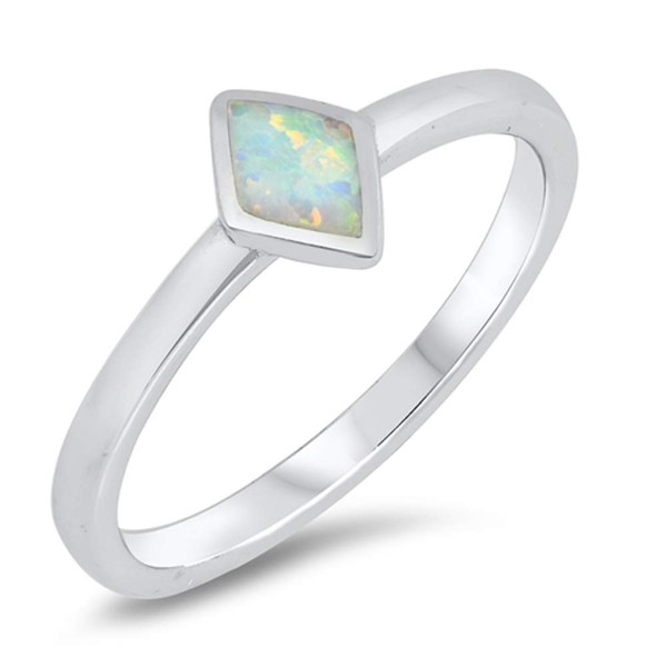 White Simulated Opal Diamond-Shape Simple Ring .925 Sterling Silver Band