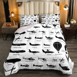 Erosebridal Airplane Comforter Set Full,Black White Airplanes Bedding Set Space Rocket Aircraft Down Comforter for Boys Kids Teens Room Decor,Helicopter Biplane Quilt Duvet Sets with 2 Pillow Cases