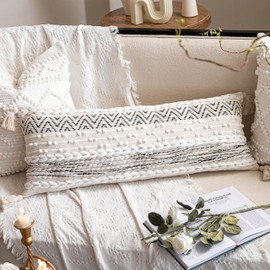 BlissBlush Decorative Lumbar Throw Pillow Cover 14x36 Boho Long Cushion for Bed Black Neutral White Accent Farmhouse Pillowcase for Bedroom Living Room Couch Sofa Home Décor Cover ONLY