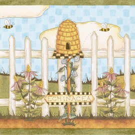 CONCORD WALLCOVERINGS ™ Wallpaper Border Country Pattern Fence Pots Garden Plants Bees for Farmhouse Cottage Kitchen, Green Blue White, 15 ft by 7 in ALB3747