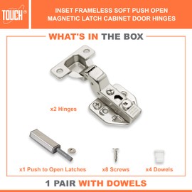 TOUCH Cabinet Hinges (1 Pair, 2 PCS) Inset Soft Push to Open Cabinet Hardware Chrome Magnetic Latch and Catch Push Release Opener for Kitchen Cupboard and Closets 3D Adjustable with Dowels