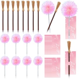 Sayglossy 20 Set Witch Party Favors Witch Broom Pen Wand Ballpoint Pink Pens with Cards for Friends Girls Friendship Matching Office School for Party Supplies Decorations Gifts