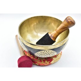 8" Etching Hand-Craving Tibetan Singing Bowl for Meditation, Healing, Mindfulness, Relaxation ~ Antique Finished Bowl, Wooden Mallet, drum-stick, Silk Made Cushion