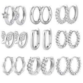 9 Pairs Small Huggie Hoop Earrings Set White Gold Hypoallergenic Lightweight Huggie Hoops Earrings for Women