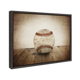 DesignOvation Sylvie Vintage Baseball Framed Canvas By Shawn St. Peter, 18x24 Dark Grey, Transitional Sports Wall Decor For Office, Bedroom, Or Living Room