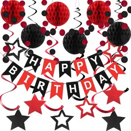Black and Red Birthday Decorations, Happy Birthday Banner with Black and Red Star Hanging Swirl Streamers Honeycomb Balls Paper Circle Garland for Party Supplies