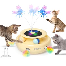 ORSDA Cat Toy, 3-in-1 Automatic Interactive Electronic Moving Ambush Feather, Fluttering Butterfly, Track Balls, USB Rechargeable Powered Smart Indoor Exercise Kicker