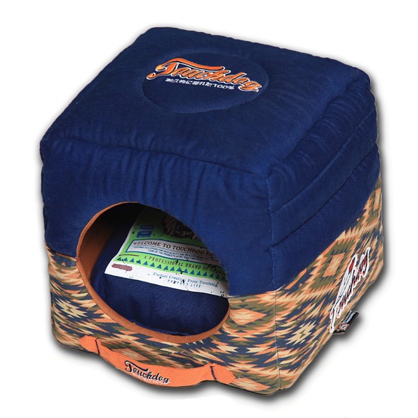 TOUCHDOG '70's Vintage-Tribal' Throwback Convertible Squared 2-in-1 Collapsible Pet Dog Cat House Bed Lounge, One Size, Midnight Blue, Sandalwood