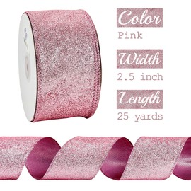 MEEDEE Pink Glitter Ribbon 2.5 Inch Wide Metallic Ribbon by 25 Yards - Christmas Tree Decoration, Garland, Wreath Bow Making