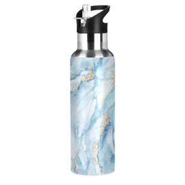 Qilmy White Blue Marble Water Bottle Vacuum Insulated Stainless Steel Water Bottles with Straw Lid Leakproof Wide Mouth Water Flask for Fitness Outdoor Sports, 22 oz