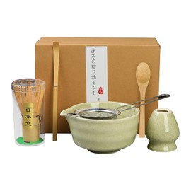 Matcha Set, 6pcs Matcha Kit Set Includes Bowl with Spout and Bamboo Whisk, Bamboo Scoop, Spoon and Stainless Sifter, Gradient Green Japanese Tea Making Tools